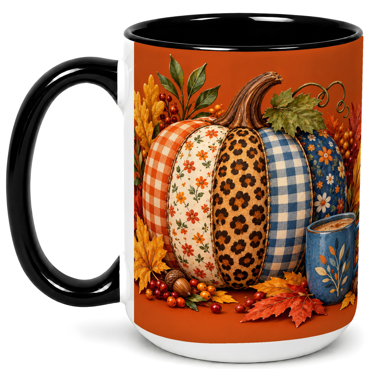#pl[15oz|Black] Patchwork Pumpkin Coffee Mug, Autumn Plaid Mug, Ceramic Cup