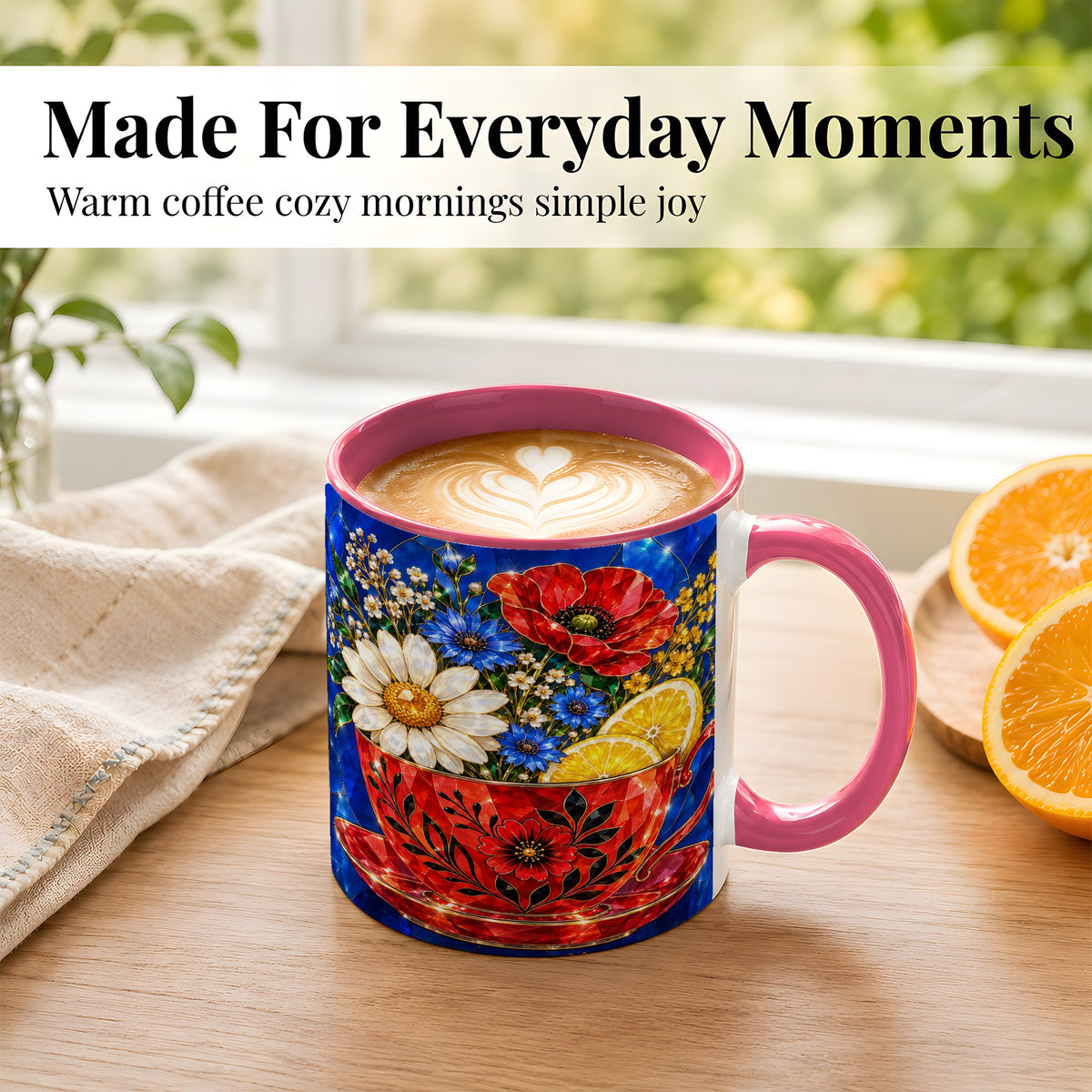 #pl[11oz|Pink] Floral Teacup Coffee Mug, Lemon Wildflower Mug, Ceramic Cup