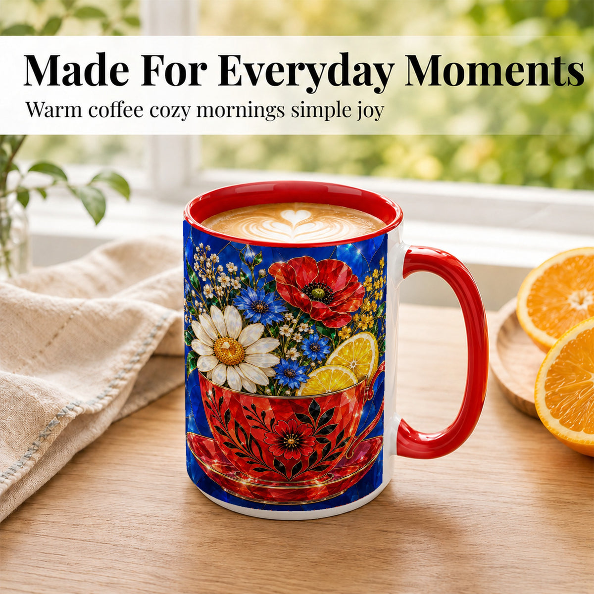 #pl[15oz|Red] Floral Teacup Coffee Mug, Lemon Wildflower Mug, Ceramic Cup