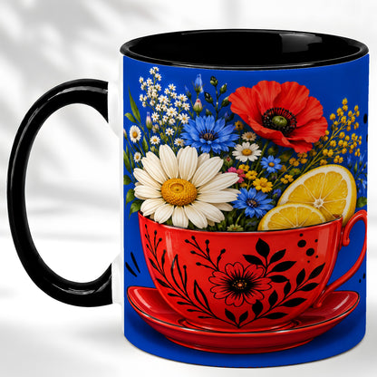 #pl[11oz|Black] Lemon Floral Coffee Mug, Daisy Bouquet Mug, Ceramic Cup