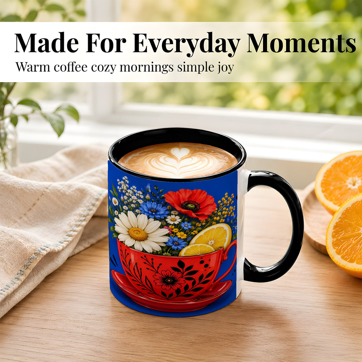 #pl[11oz|Black] Lemon Floral Coffee Mug, Daisy Bouquet Mug, Ceramic Cup