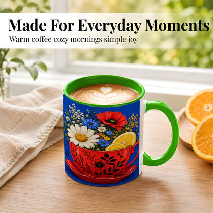 #pl[11oz|Green] Lemon Floral Coffee Mug, Daisy Bouquet Mug, Ceramic Cup