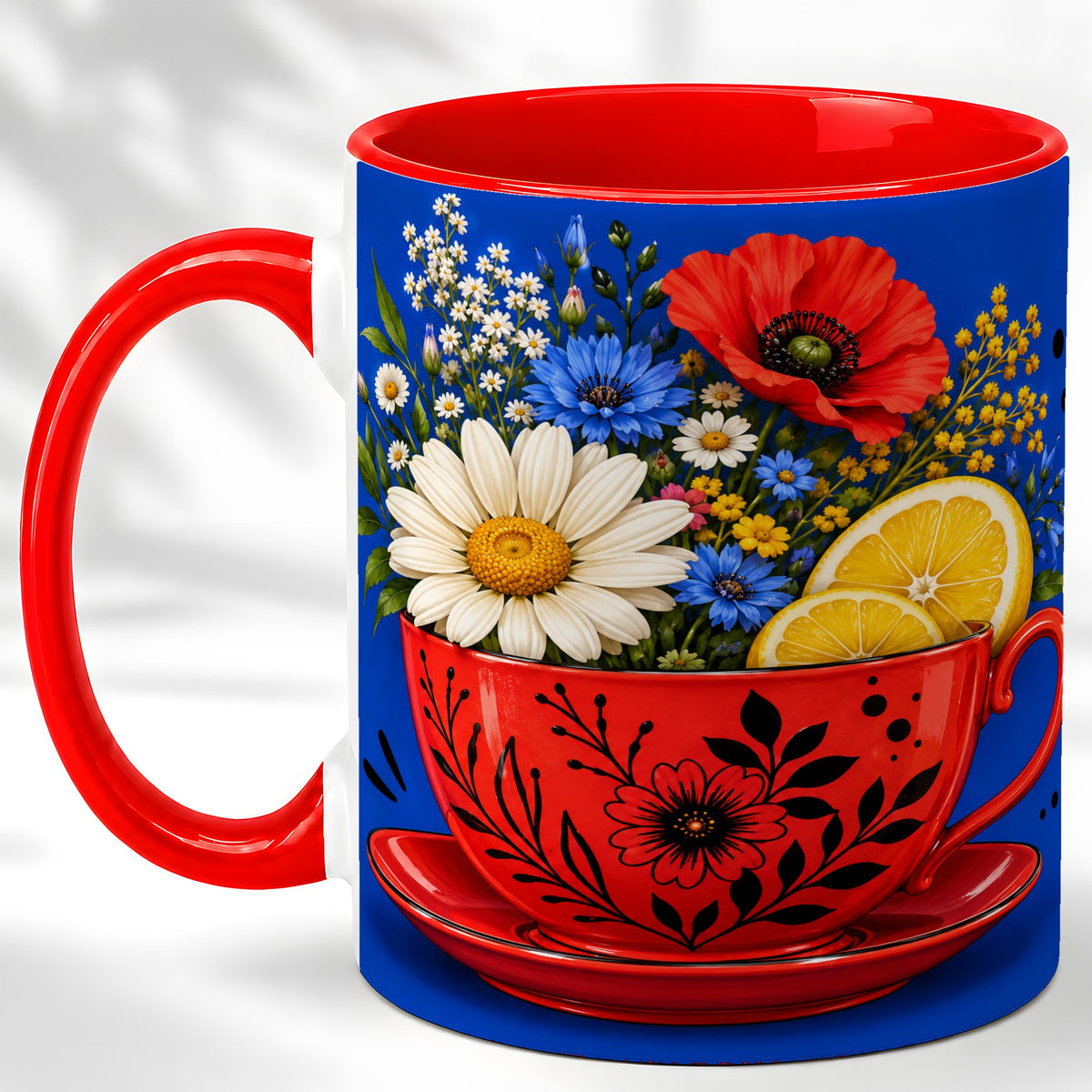 Lemon Floral Coffee Mug, Daisy Bouquet Mug, Ceramic Cup