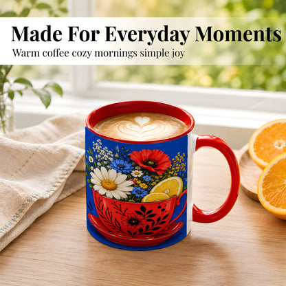 #pl[11oz|Red] Lemon Floral Coffee Mug, Daisy Bouquet Mug, Ceramic Cup