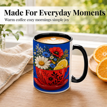 #pl[15oz|Black] Lemon Floral Coffee Mug, Daisy Bouquet Mug, Ceramic Cup