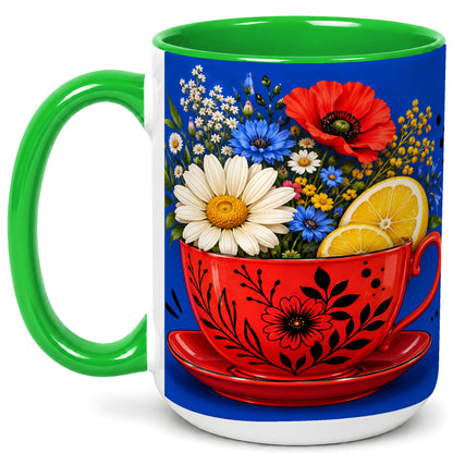 #pl[15oz|Green] Lemon Floral Coffee Mug, Daisy Bouquet Mug, Ceramic Cup