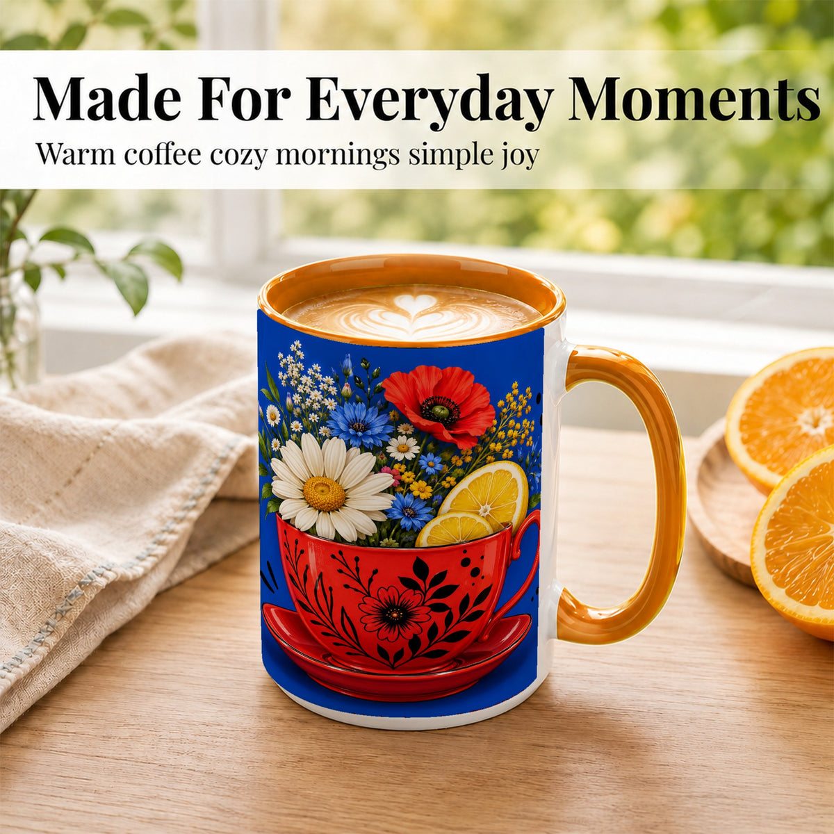 #pl[15oz|Orange] Lemon Floral Coffee Mug, Daisy Bouquet Mug, Ceramic Cup