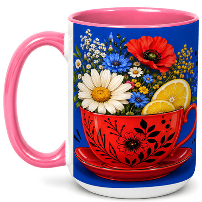 #pl[15oz|Pink] Lemon Floral Coffee Mug, Daisy Bouquet Mug, Ceramic Cup