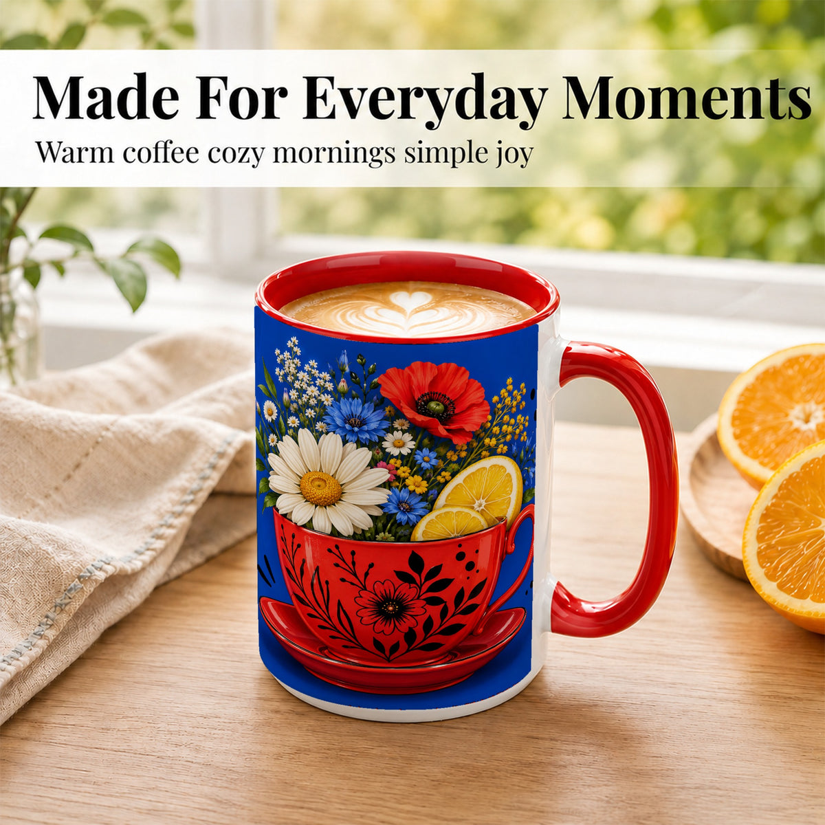 #pl[15oz|Red] Lemon Floral Coffee Mug, Daisy Bouquet Mug, Ceramic Cup