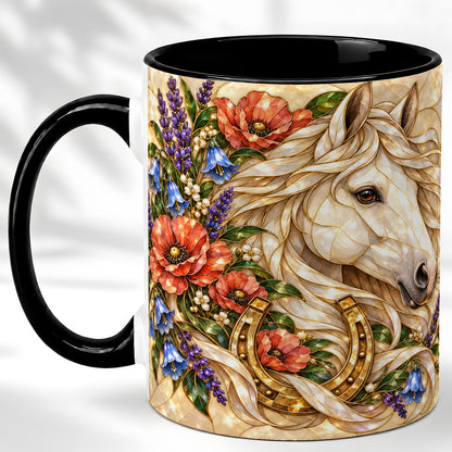 #pl[11oz|Black] White Horse Floral Coffee Mug, Horseshoe Art Mug, Ceramic Cup