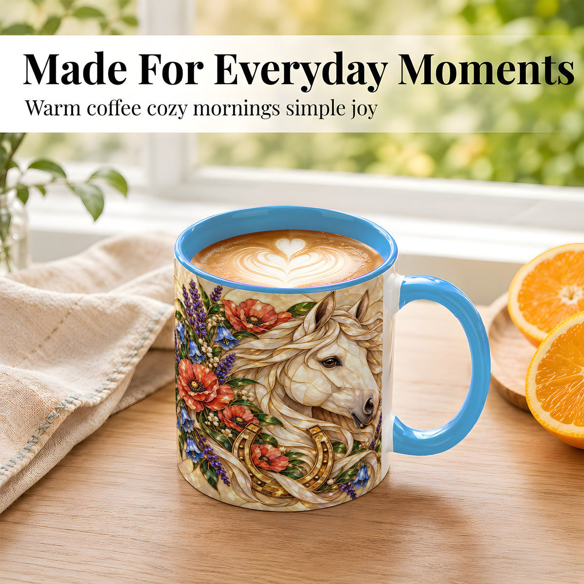 #pl[11oz|Blue] White Horse Floral Coffee Mug, Horseshoe Art Mug, Ceramic Cup