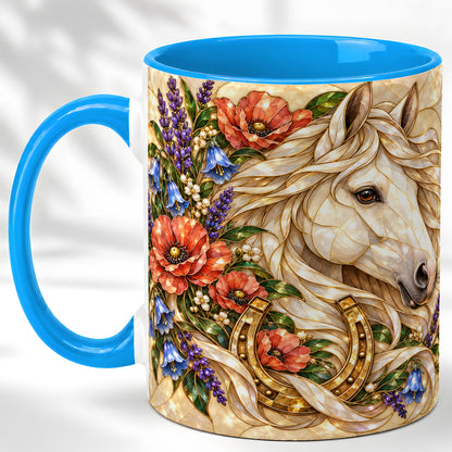 #pl[11oz|Blue] White Horse Floral Coffee Mug, Horseshoe Art Mug, Ceramic Cup