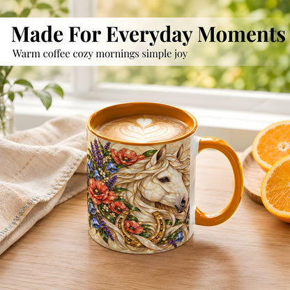 #pl[11oz|Orange] White Horse Floral Coffee Mug, Horseshoe Art Mug, Ceramic Cup