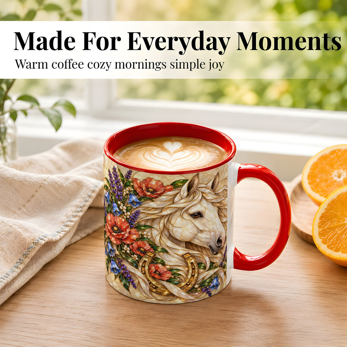 #pl[11oz|Red] White Horse Floral Coffee Mug, Horseshoe Art Mug, Ceramic Cup