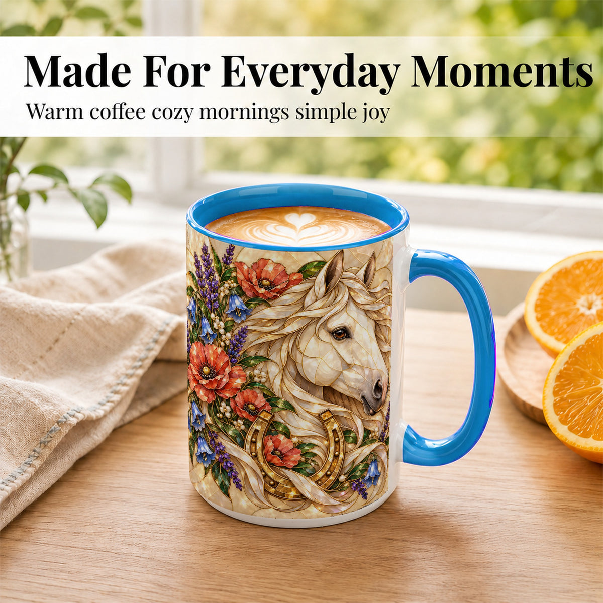 #pl[15oz|Blue] White Horse Floral Coffee Mug, Horseshoe Art Mug, Ceramic Cup