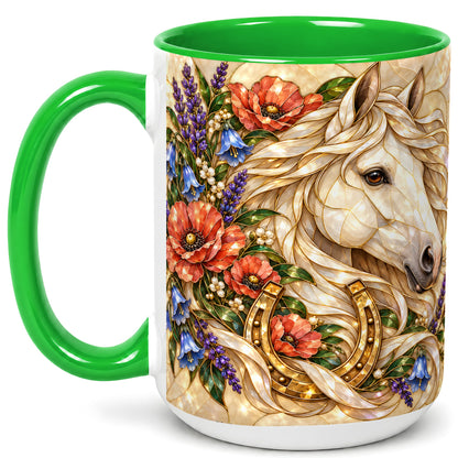 #pl[15oz|Green] White Horse Floral Coffee Mug, Horseshoe Art Mug, Ceramic Cup