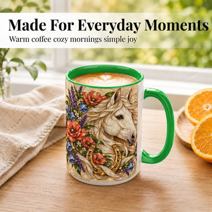 #pl[15oz|Green] White Horse Floral Coffee Mug, Horseshoe Art Mug, Ceramic Cup