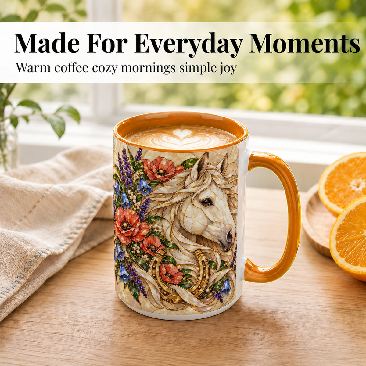#pl[15oz|Orange] White Horse Floral Coffee Mug, Horseshoe Art Mug, Ceramic Cup