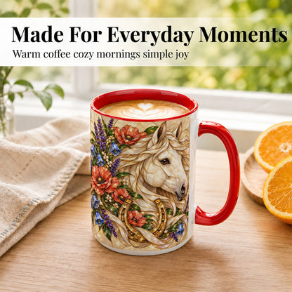 #pl[15oz|Red] White Horse Floral Coffee Mug, Horseshoe Art Mug, Ceramic Cup