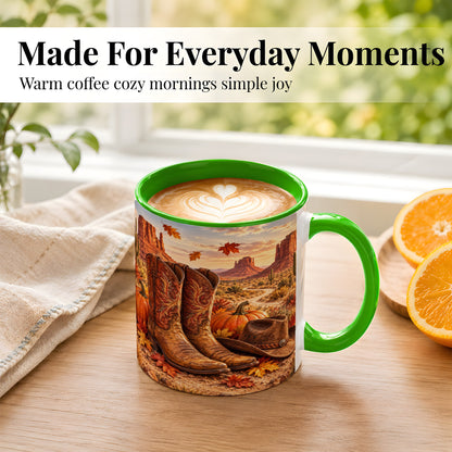 #pl[11oz|Green] Western Fall Coffee Mug, Cowboy Boots Mug, Ceramic Cup