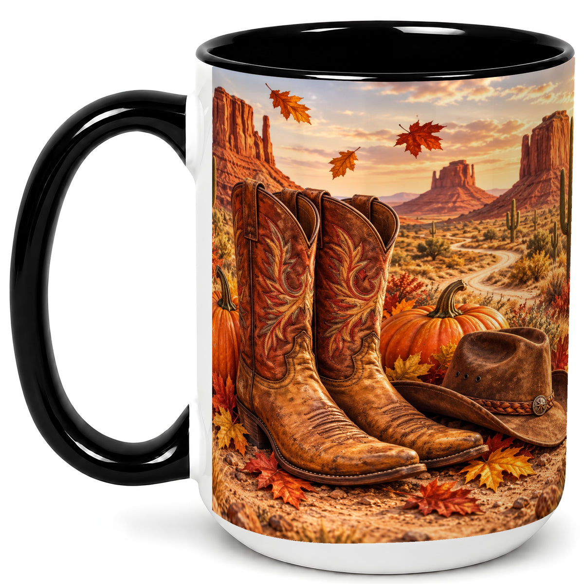 #pl[15oz|Black] Western Fall Coffee Mug, Cowboy Boots Mug, Ceramic Cup