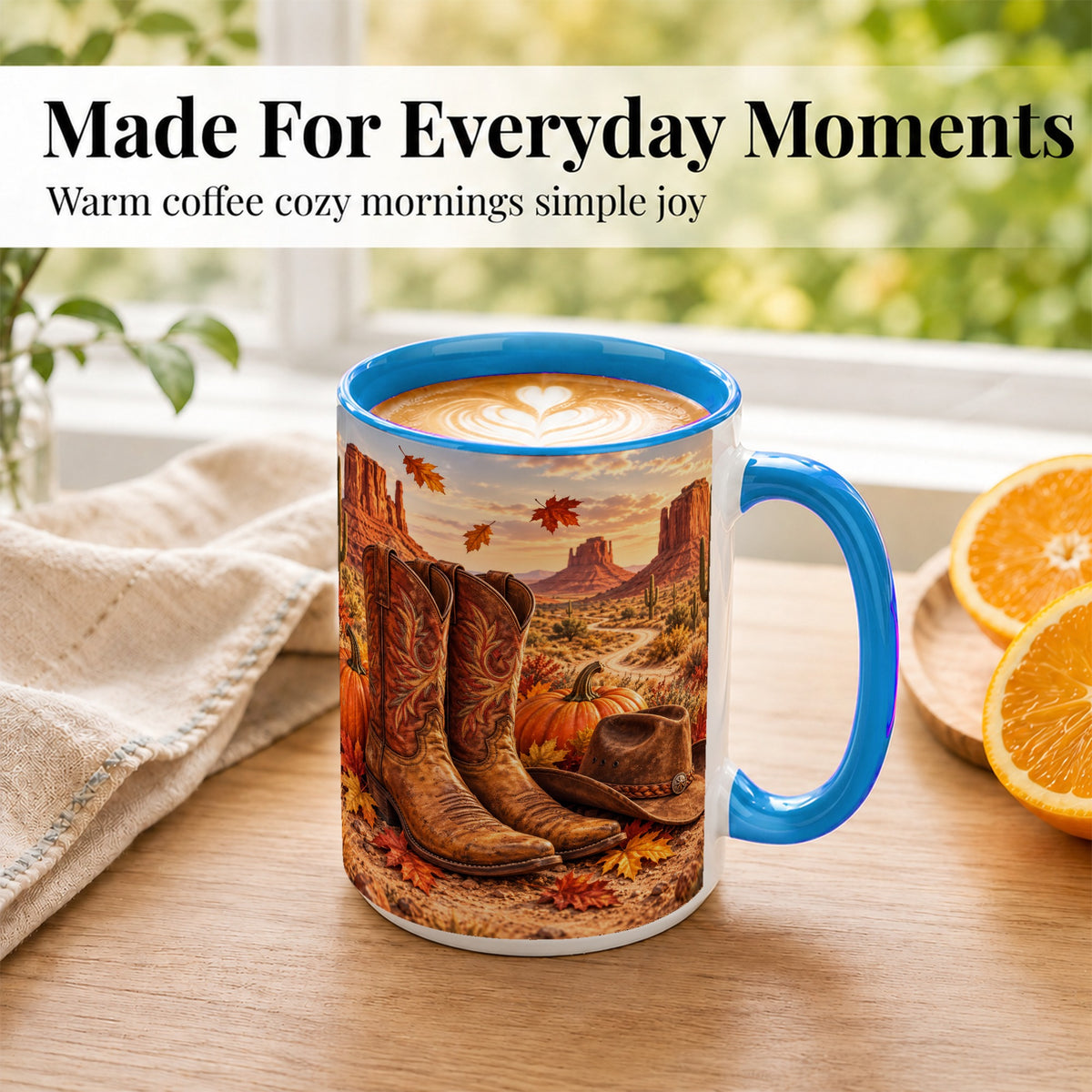 #pl[15oz|Blue] Western Fall Coffee Mug, Cowboy Boots Mug, Ceramic Cup