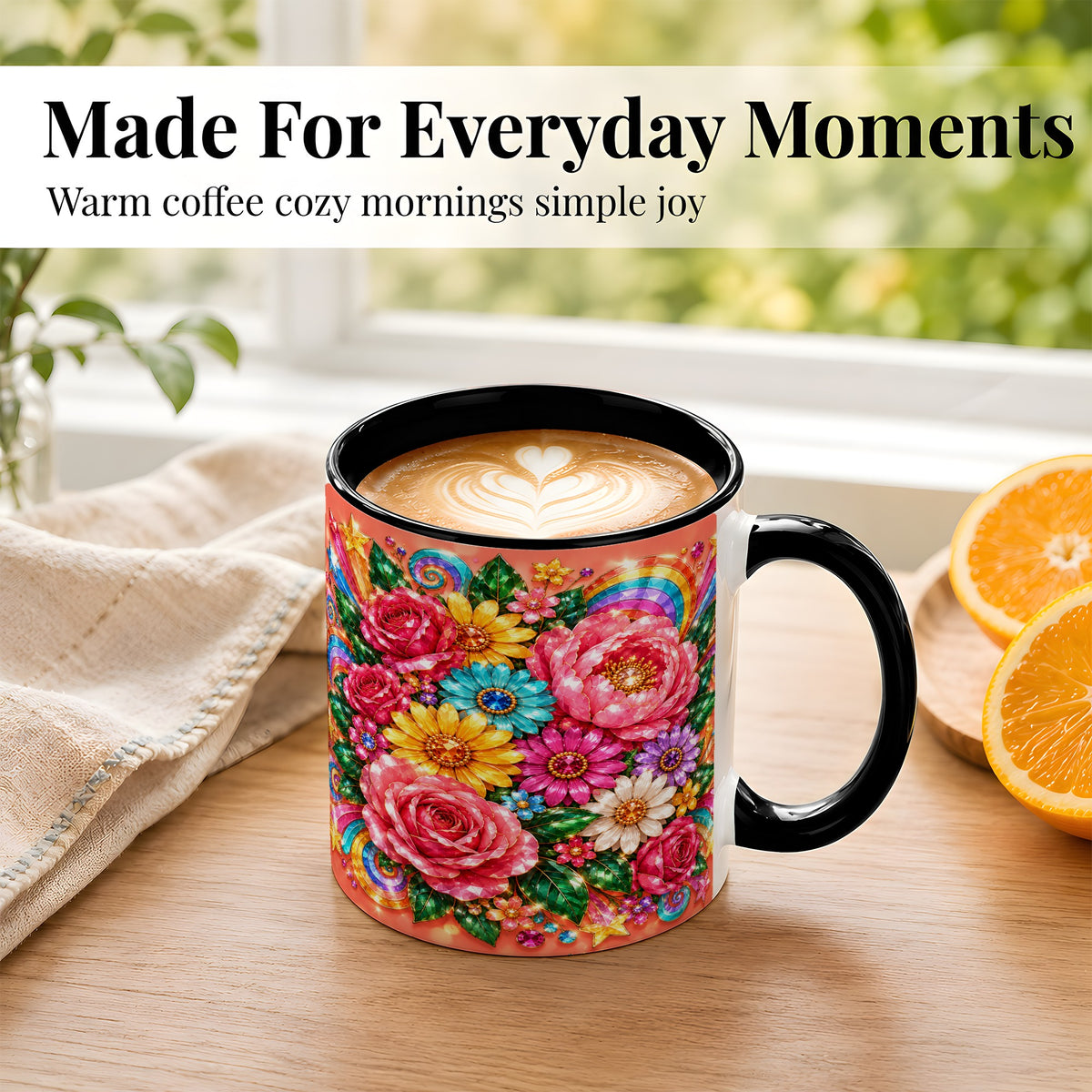 #pl[11oz|Black] Jeweled Floral Coffee Mug, Rainbow Flowers Mug, Ceramic Cup