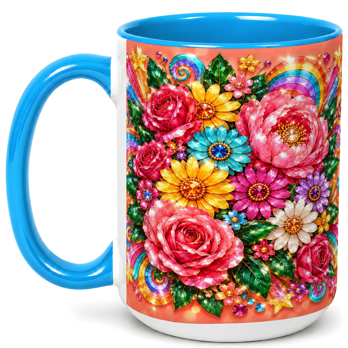 #pl[15oz|Blue] Jeweled Floral Coffee Mug, Rainbow Flowers Mug, Ceramic Cup