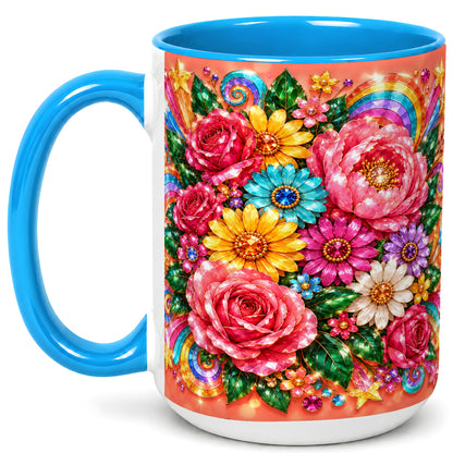 #pl[15oz|Blue] Jeweled Floral Coffee Mug, Rainbow Flowers Mug, Ceramic Cup