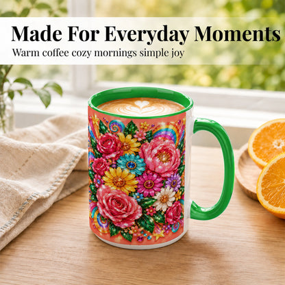 #pl[15oz|Green] Jeweled Floral Coffee Mug, Rainbow Flowers Mug, Ceramic Cup