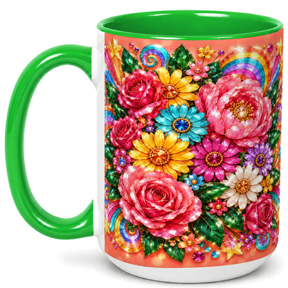 #pl[15oz|Green] Jeweled Floral Coffee Mug, Rainbow Flowers Mug, Ceramic Cup