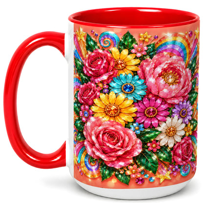 #pl[15oz|Red] Jeweled Floral Coffee Mug, Rainbow Flowers Mug, Ceramic Cup