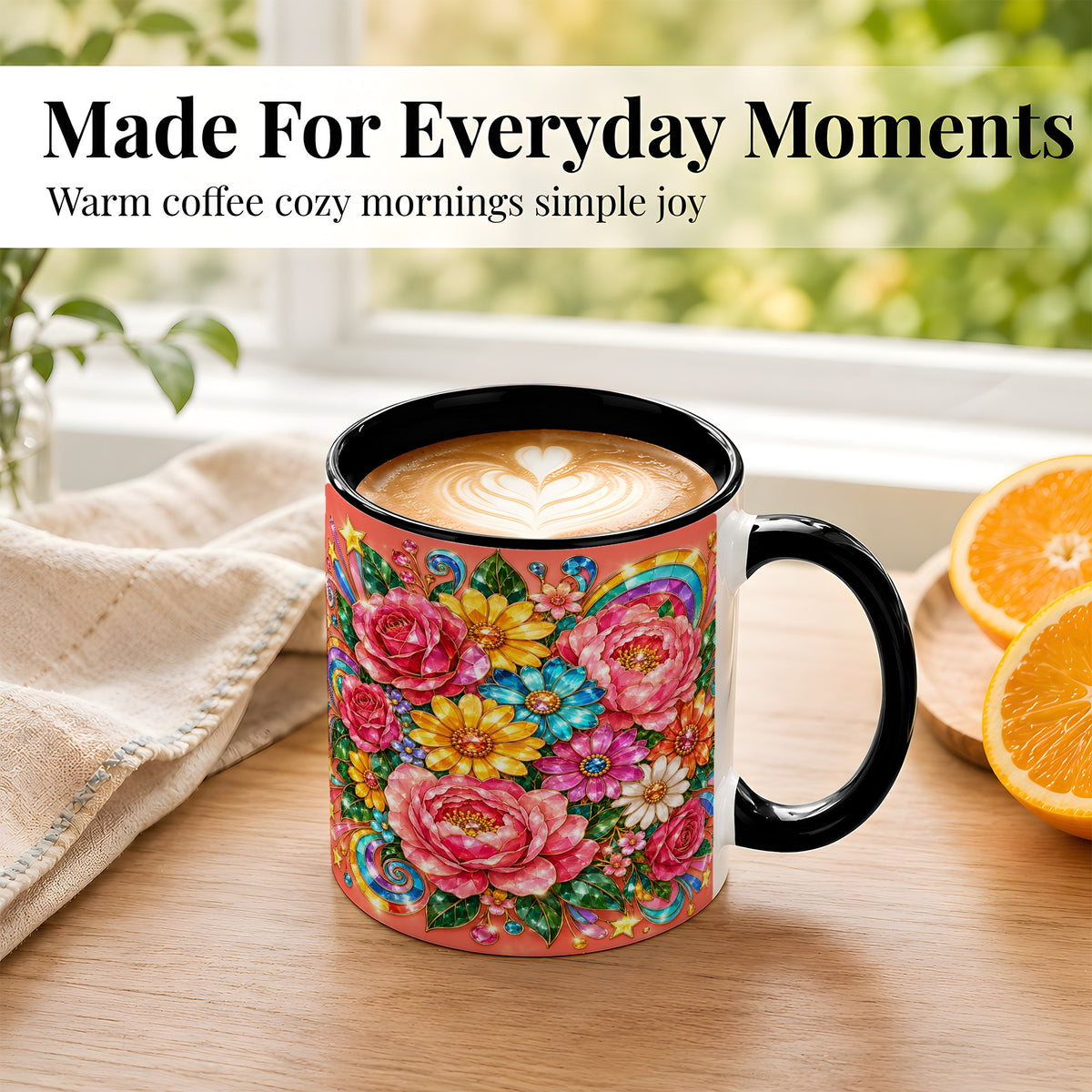 #pl[11oz|Black] Gemstone Floral Coffee Mug, Pink Peony Mug, Ceramic Cup