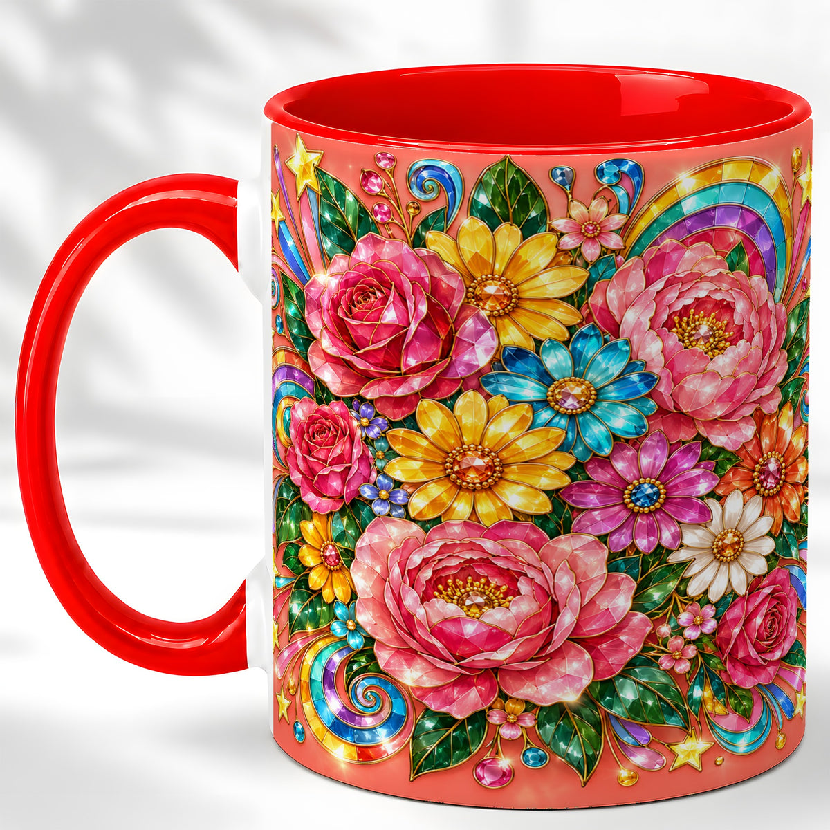 Gemstone Floral Coffee Mug, Pink Peony Mug, Ceramic Cup