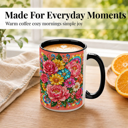 #pl[15oz|Black] Gemstone Floral Coffee Mug, Pink Peony Mug, Ceramic Cup