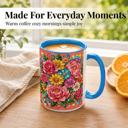 #pl[15oz|Blue] Gemstone Floral Coffee Mug, Pink Peony Mug, Ceramic Cup