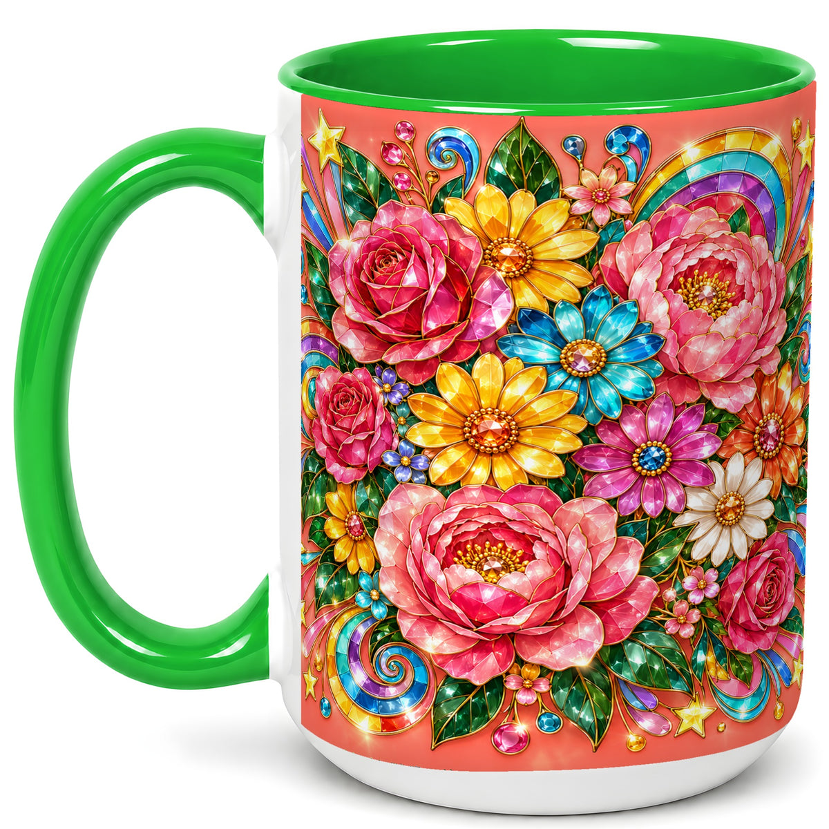 #pl[15oz|Green] Gemstone Floral Coffee Mug, Pink Peony Mug, Ceramic Cup