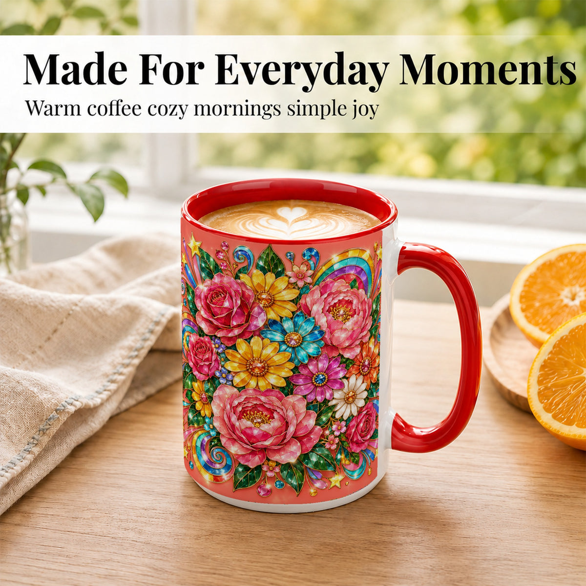 #pl[15oz|Red] Gemstone Floral Coffee Mug, Pink Peony Mug, Ceramic Cup