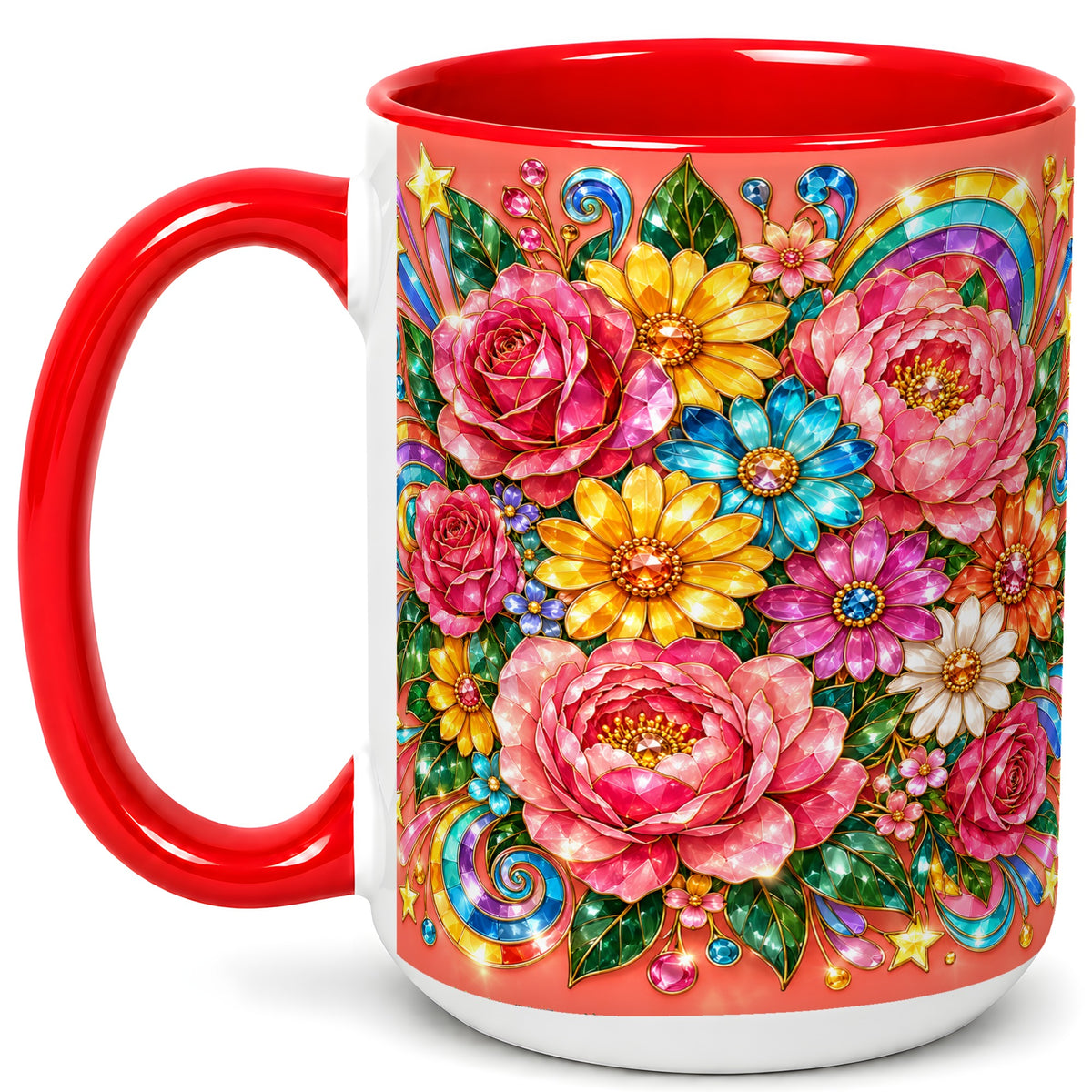 #pl[15oz|Red] Gemstone Floral Coffee Mug, Pink Peony Mug, Ceramic Cup