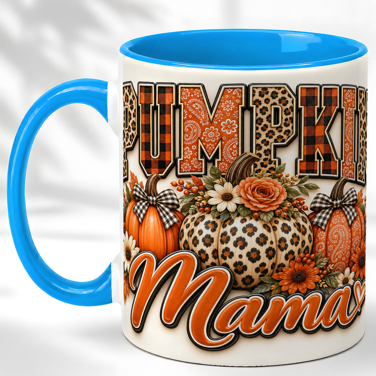 #pl[11oz|Blue] Pumpkin Patch Coffee Mug, Leopard Fall Floral Mug, Ceramic Cup