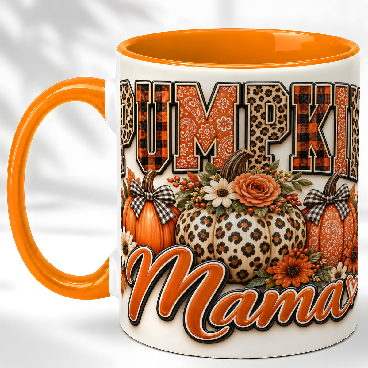 #pl[11oz|Orange] Pumpkin Patch Coffee Mug, Leopard Fall Floral Mug, Ceramic Cup