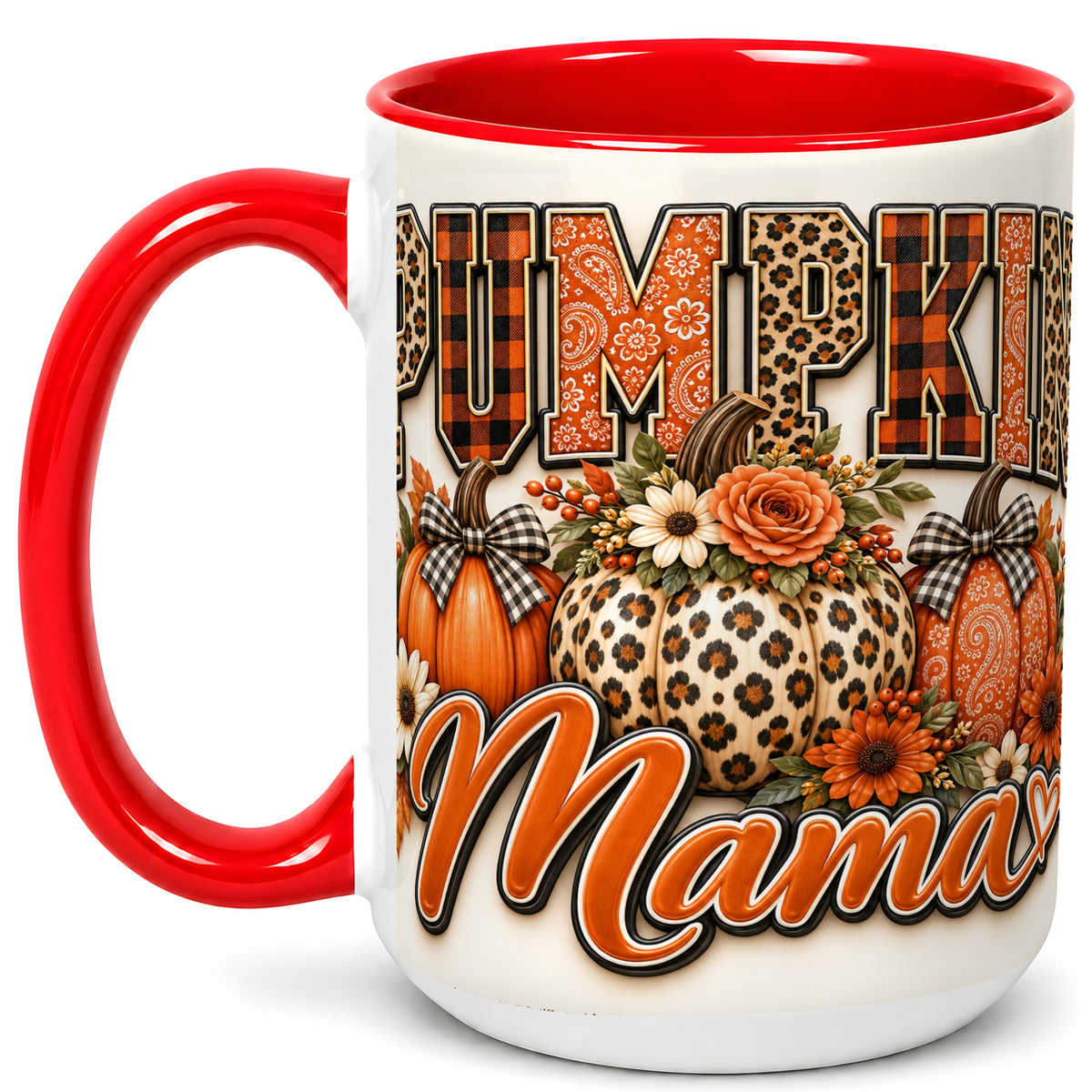 #pl[15oz|Red] Pumpkin Patch Coffee Mug, Leopard Fall Floral Mug, Ceramic Cup