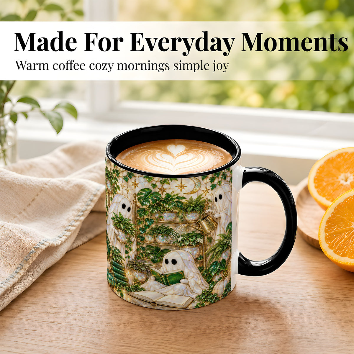 #pl[11oz|Black] Botanical Ghost Coffee Mug, Halloween Garden Mug, Ceramic Cup