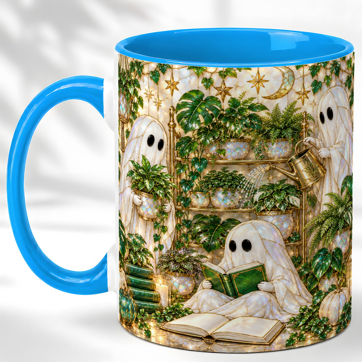 #pl[11oz|Blue] Botanical Ghost Coffee Mug, Halloween Garden Mug, Ceramic Cup