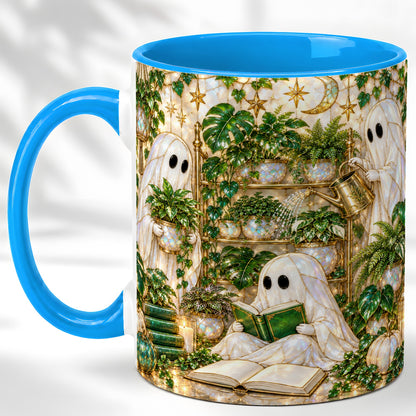 #pl[11oz|Blue] Botanical Ghost Coffee Mug, Halloween Garden Mug, Ceramic Cup