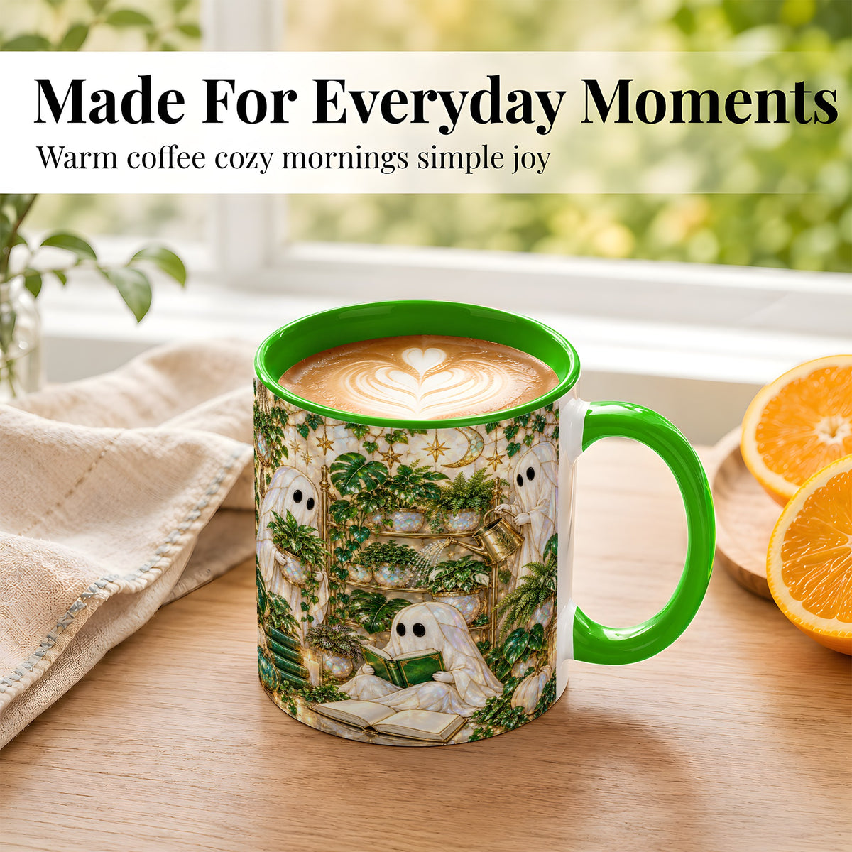 #pl[11oz|Green] Botanical Ghost Coffee Mug, Halloween Garden Mug, Ceramic Cup