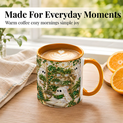 #pl[11oz|Orange] Botanical Ghost Coffee Mug, Halloween Garden Mug, Ceramic Cup