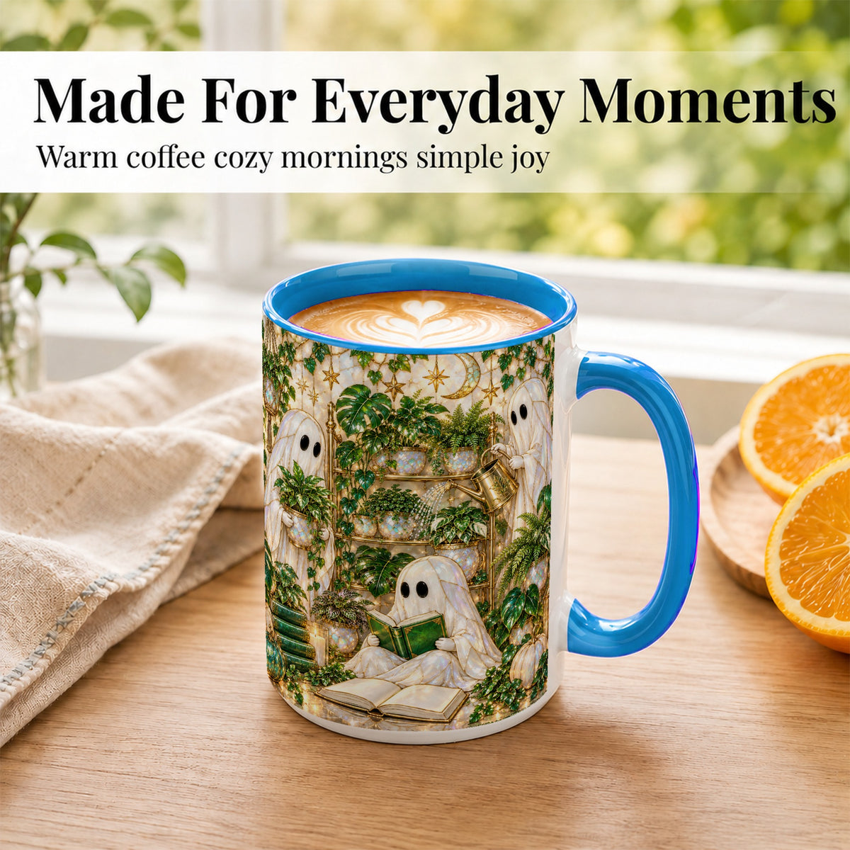 #pl[15oz|Blue] Botanical Ghost Coffee Mug, Halloween Garden Mug, Ceramic Cup