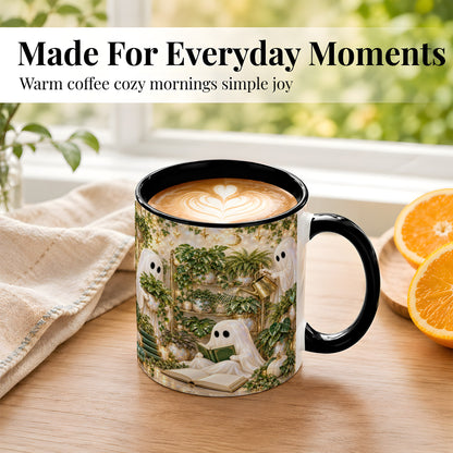 #pl[11oz|Black] Cozy Ghost Coffee Mug, Greenhouse Halloween Mug, Ceramic Cup