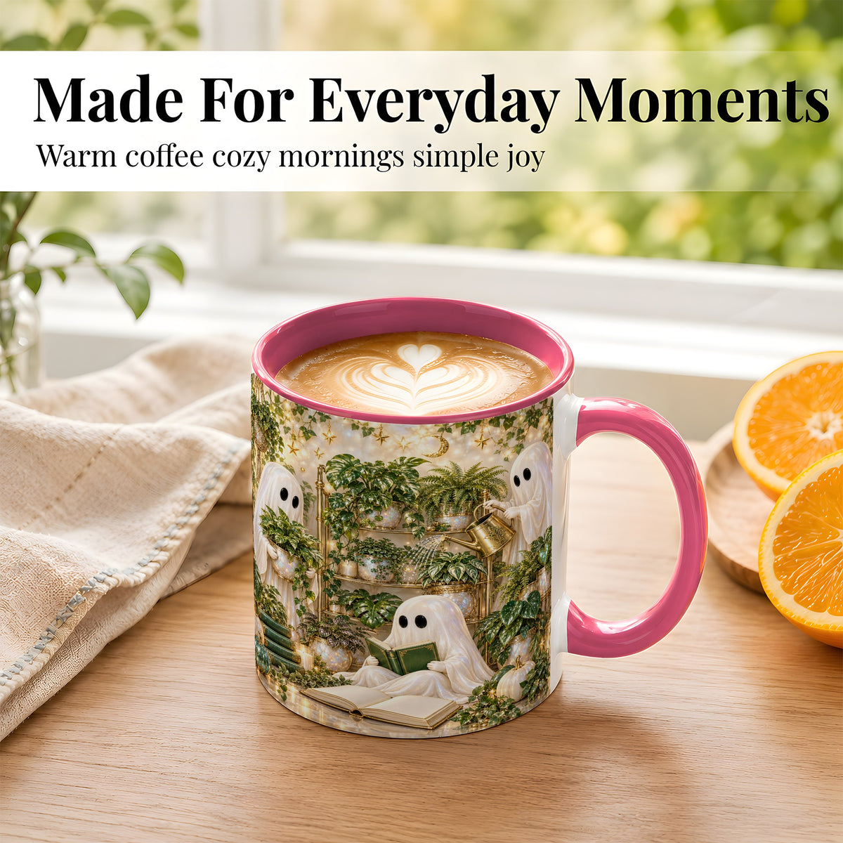 #pl[11oz|Pink] Cozy Ghost Coffee Mug, Greenhouse Halloween Mug, Ceramic Cup